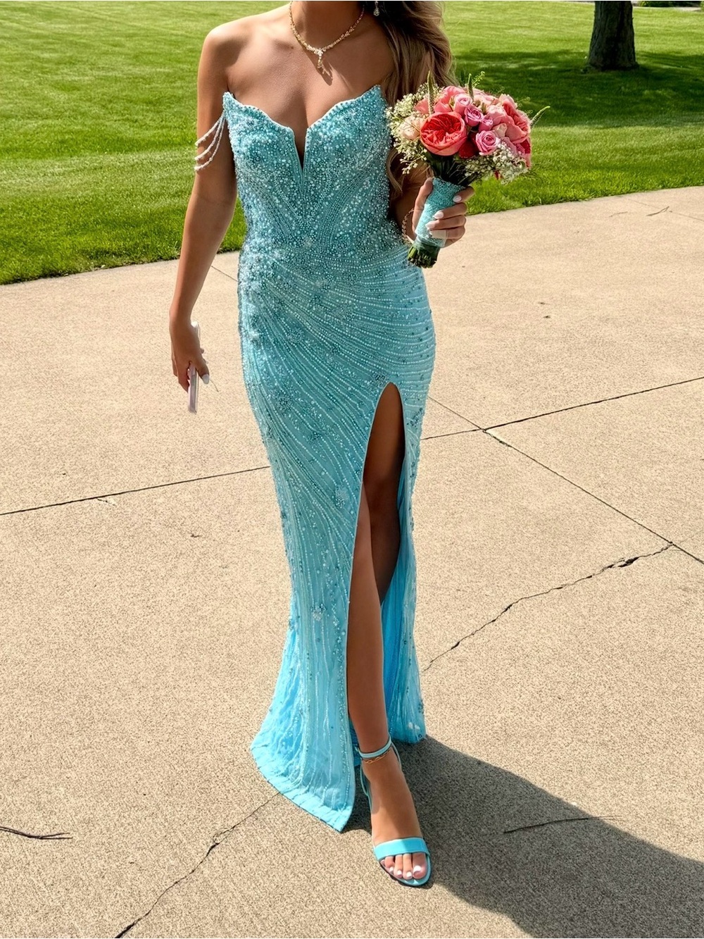 Ava Presley Couture 47244 Aqua Beaded Prom Gown